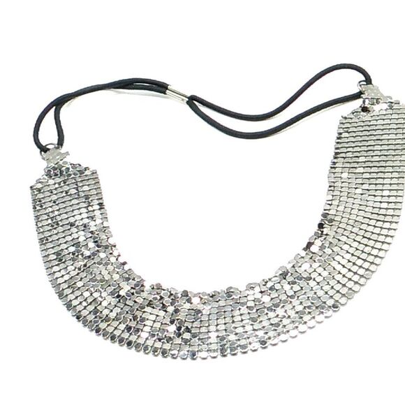 Jewelry - Sequin Silver Metallic Mesh Wide Headband with Black Stretch Cord